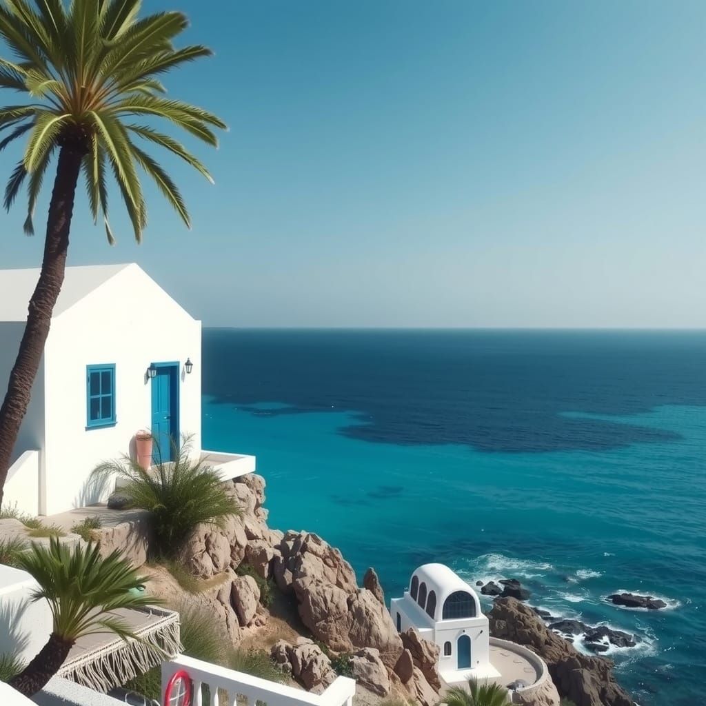 Mediterranean House by Turquoise Sea, Realistic Style