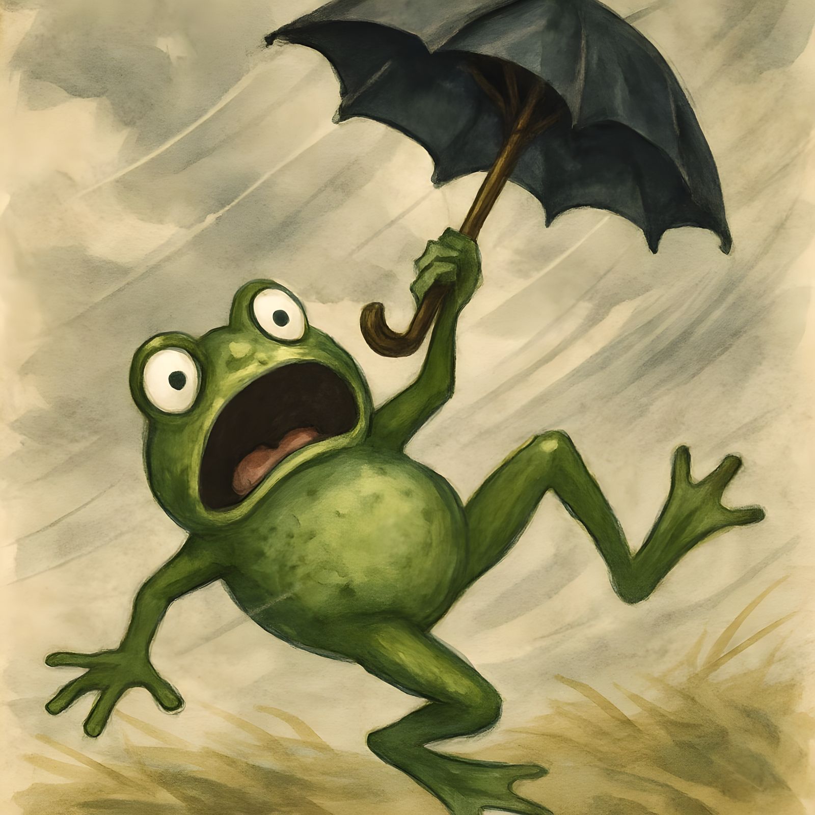 Surprised Frog and Windy Umbrella Ride
