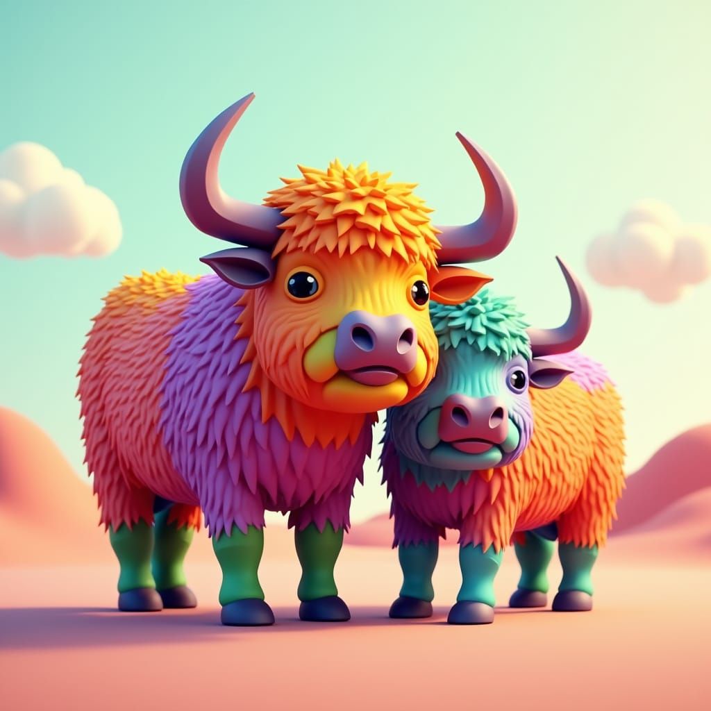 Geometric Highland Cows in Vibrant Fantasy Concept Art