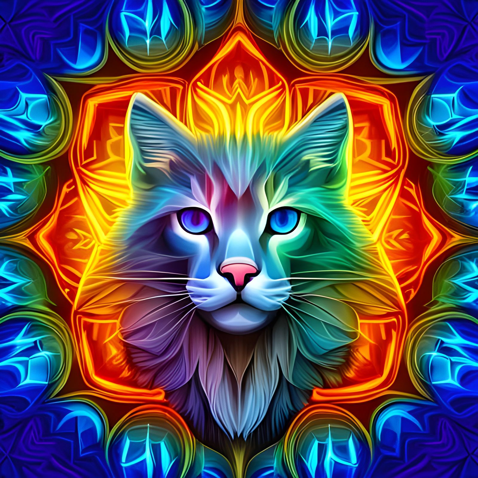 Neon Rainbow Cat Mandala with Filigree Details