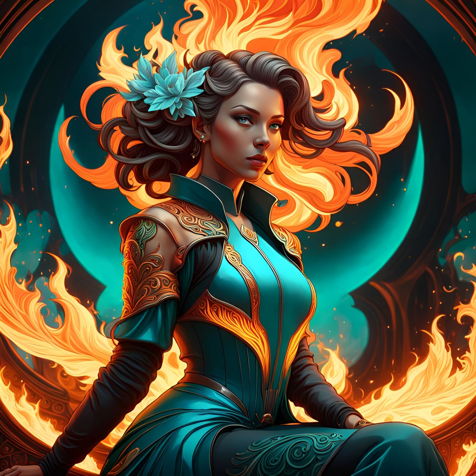 Retro Haired Woman Amidst Flames