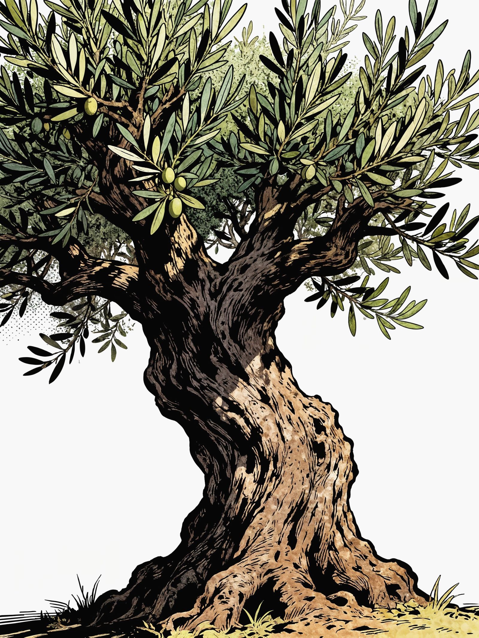 Ancient Gnarled Olive Tree Drawing in Comic Book Style
