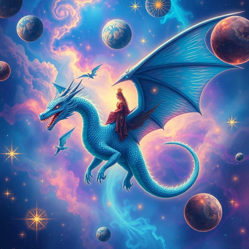Cerulean Dragon Soars Through Cosmic Sky With Enchanted Ride...