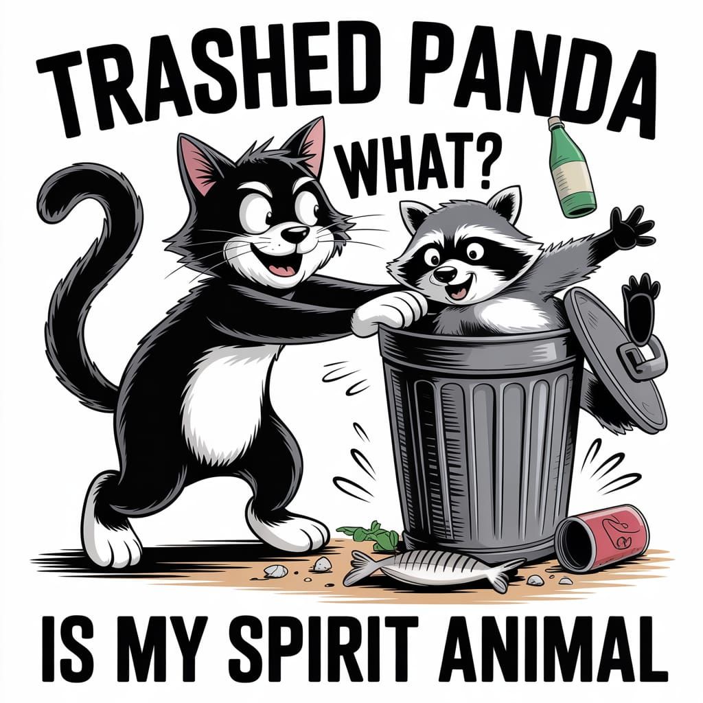 Mischievous Cat Shoves Raccoon into Trash Can Cartoon