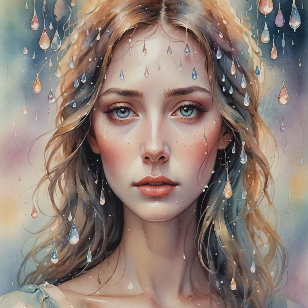 Melancholic Portrait with Glowing Teardrops in Surreal Style