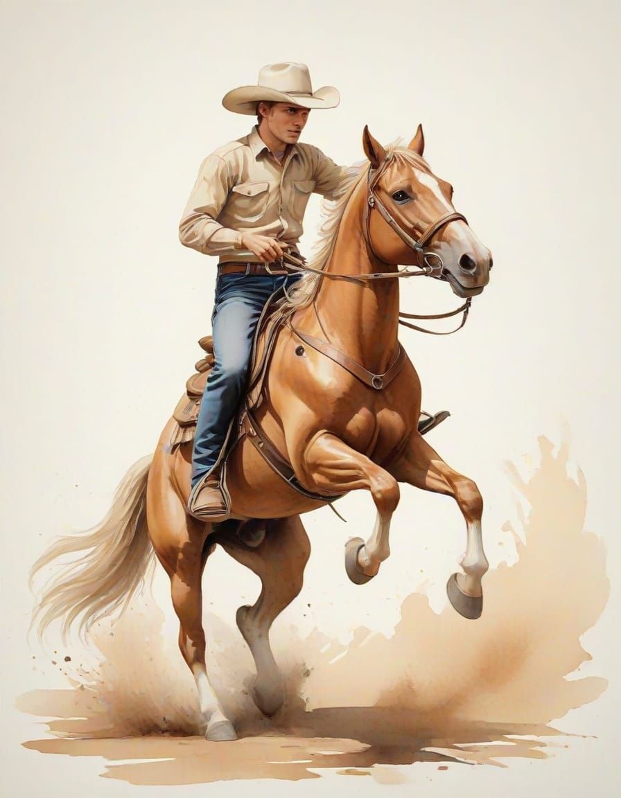 Hauntingly Beautiful Cowboy Rides Bucking Bronco in Watercol...