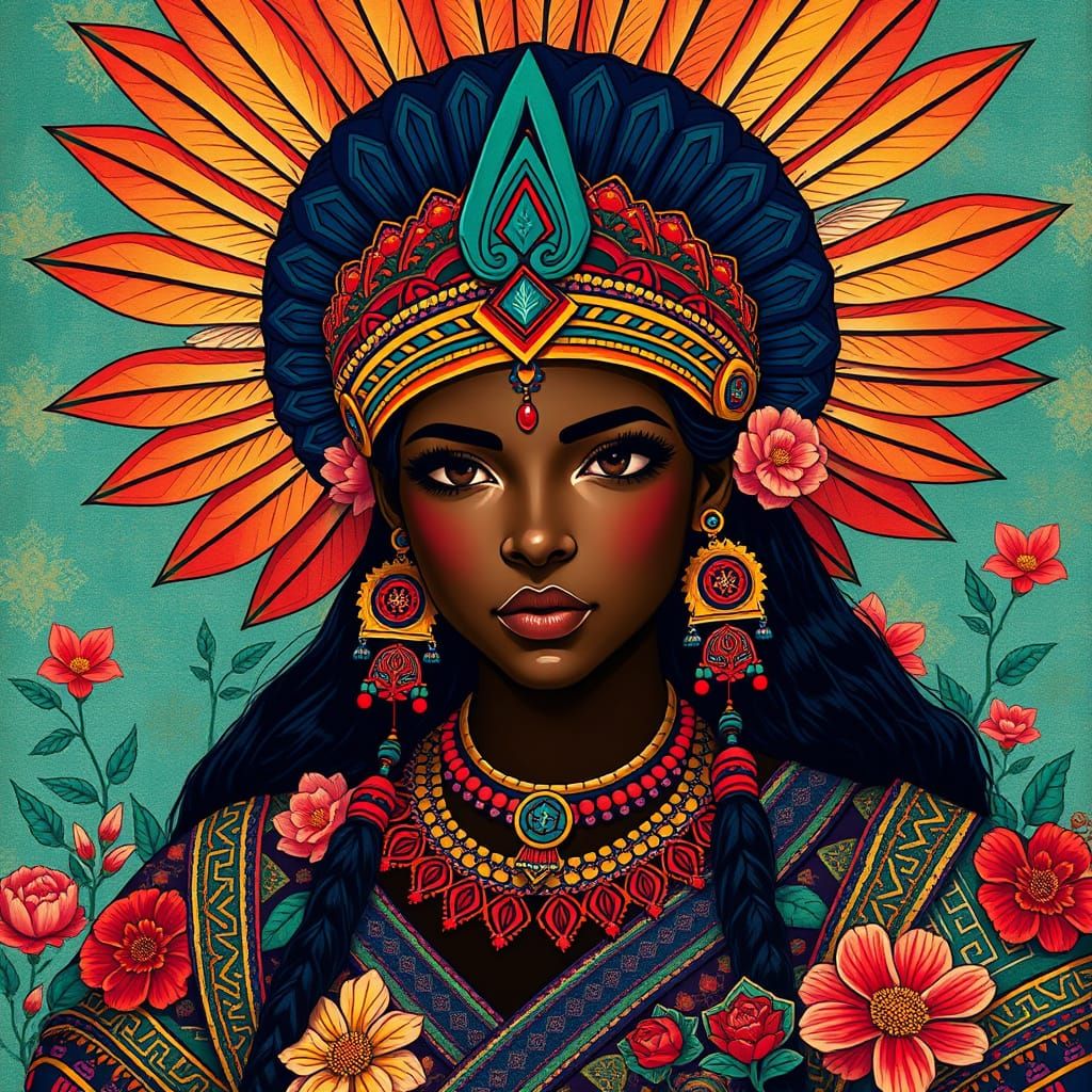 Aztec Warrior Princess with Floral Embroidery, Anime Style