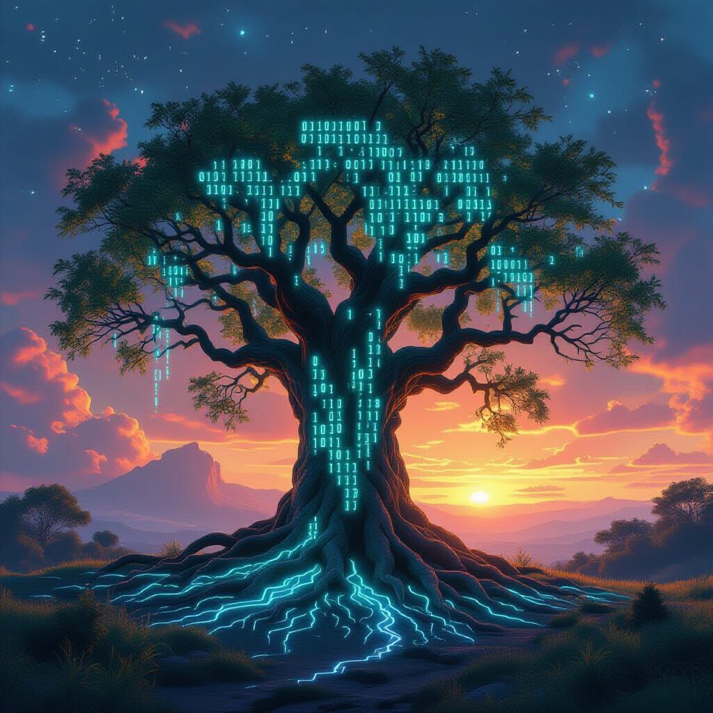 Ancient Digital Tree With Binary Code Bark