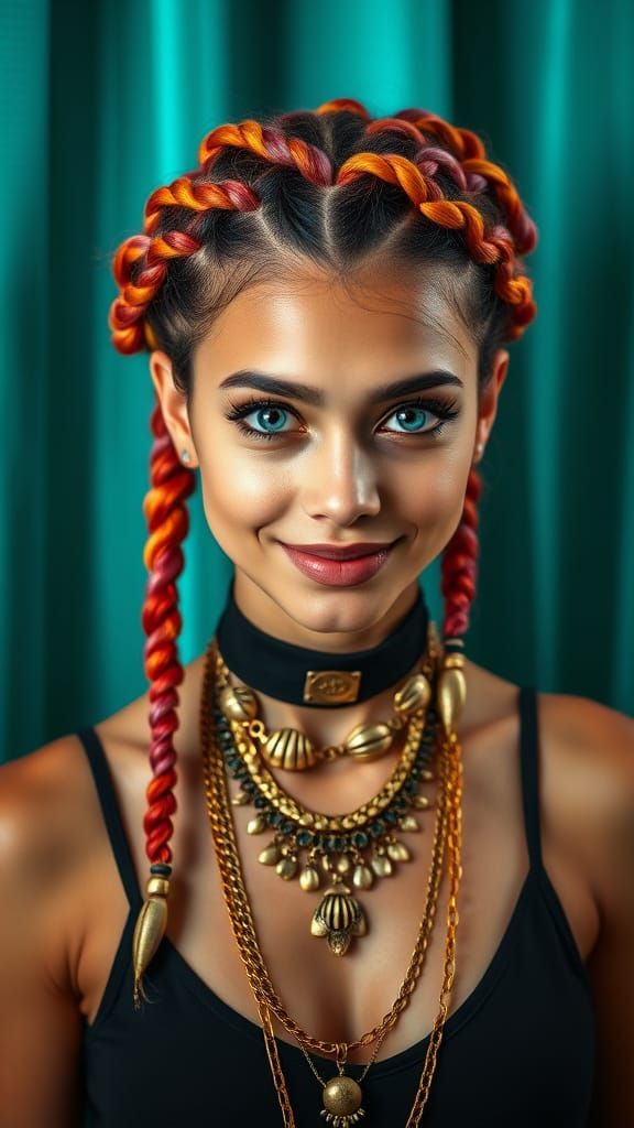 Woman with Blue Eyes and Braided Hair in High Fashion Portra...