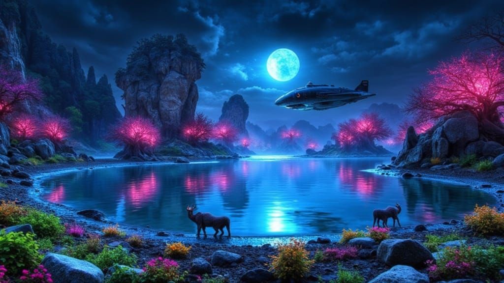 Alien Lagoon at Night: Bioluminescent Flora and Twin Moons