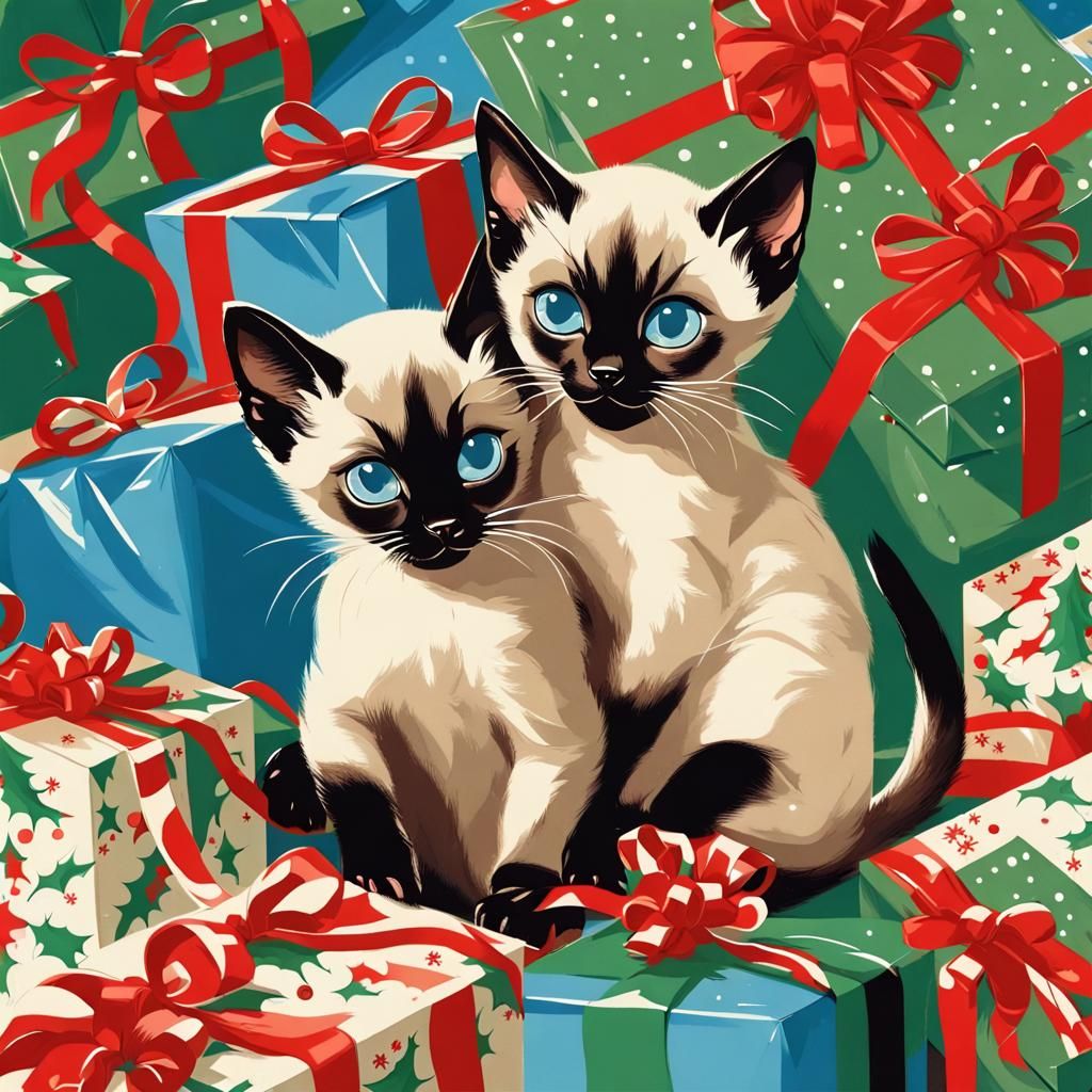 Siamese Kittens Play in Christmas Wrapping Paper