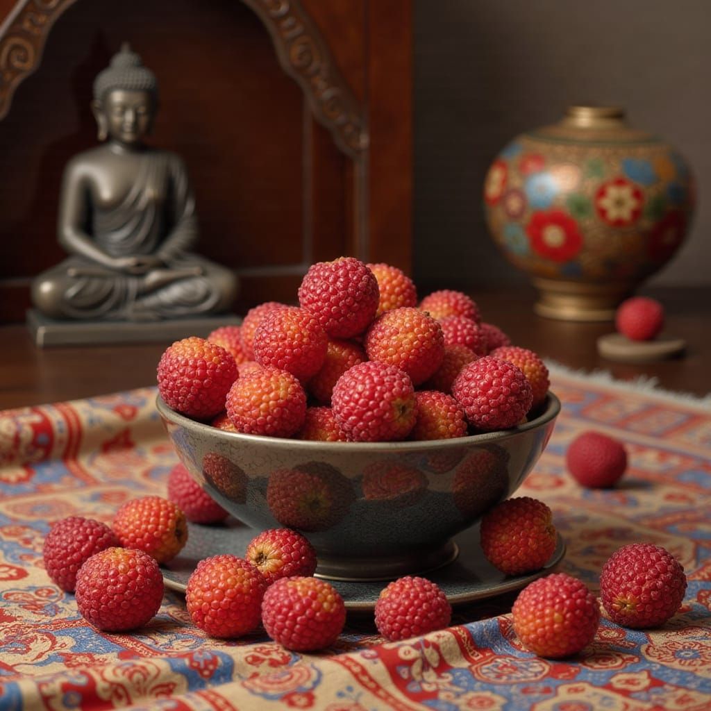 Lychee Fruit Still Life with Buddha Statue