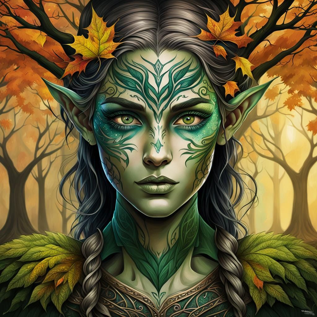 Autumn Elf Warrior with Tree Tattoo