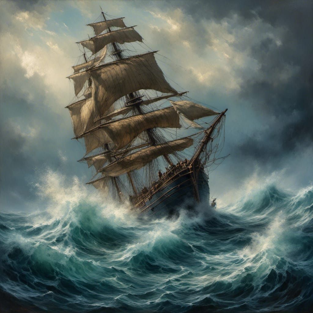 Schooner Battles Waves in a Stormy Sea