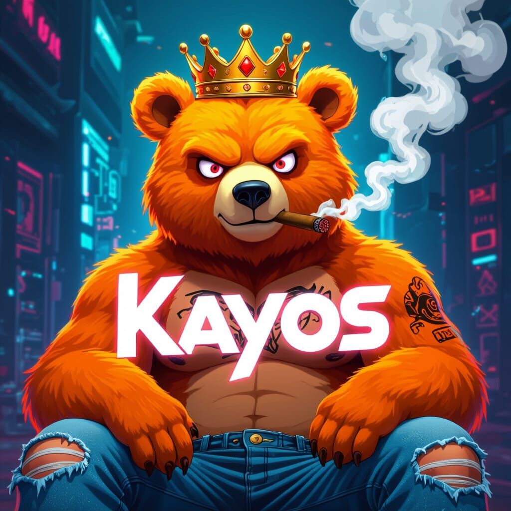 Crowned Bear Smoking Cigar in Futuristic Anime Style