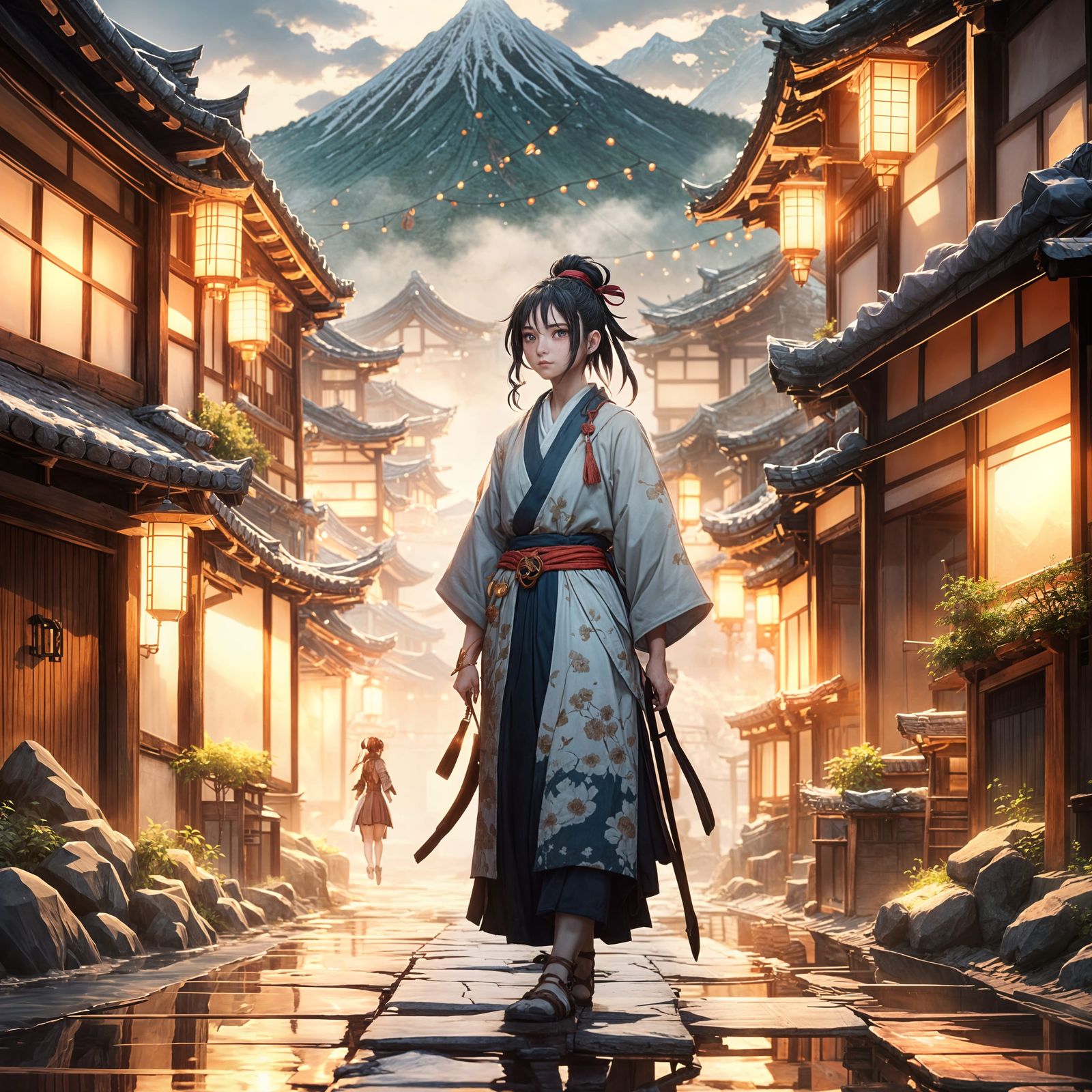 Samurai Warrior in Ancient Japanese Village: 3D Anime Art