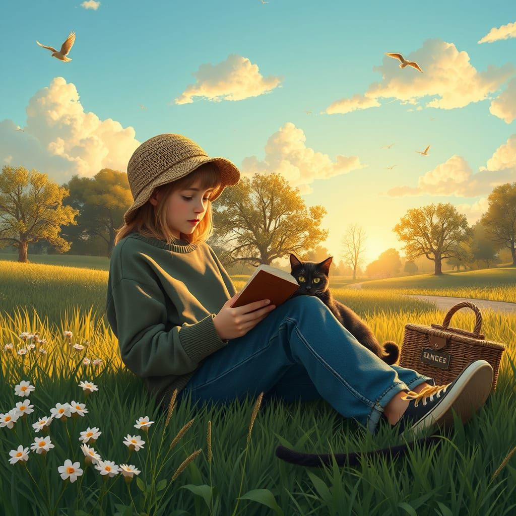 Girl and Cat Enjoying a Lofi Afternoon in a Serene Outdoor S...