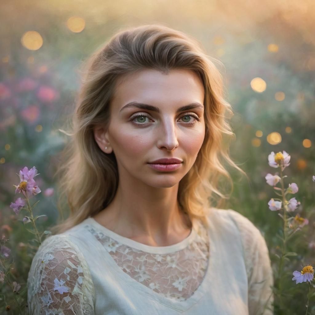 Young Woman in Meadow Oil Painting at Dusk