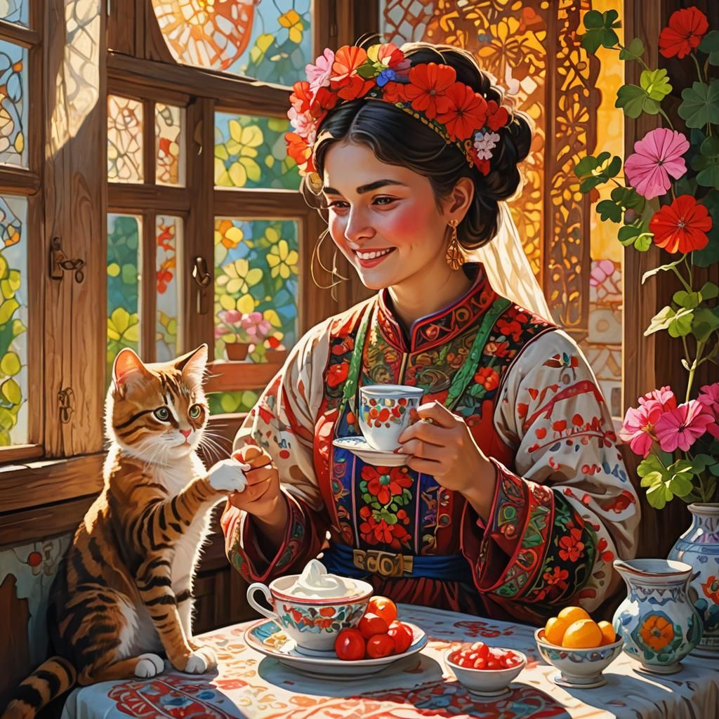 Bulgarian Girl with Cat in Vibrant Folk Art Style