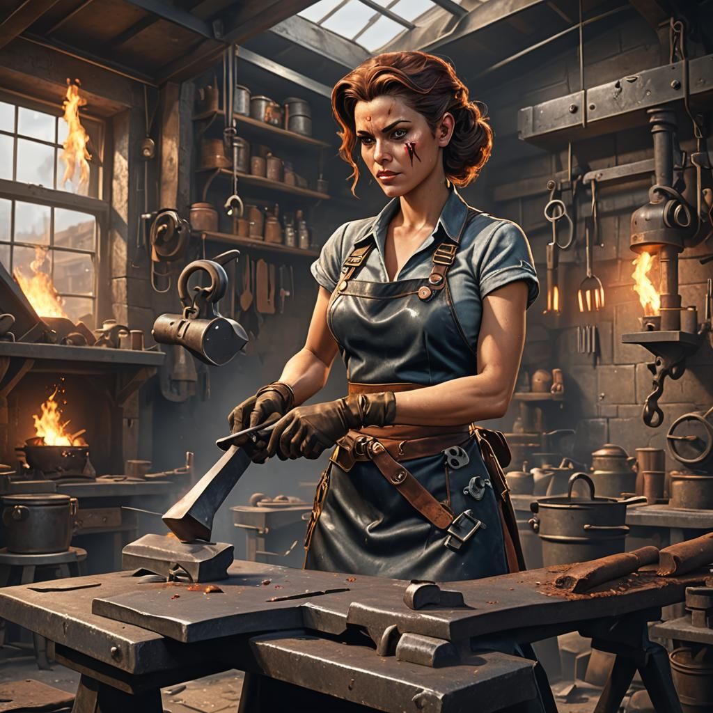 Cyclops Blacksmith Woman Pinup in Detailed Matte Painting