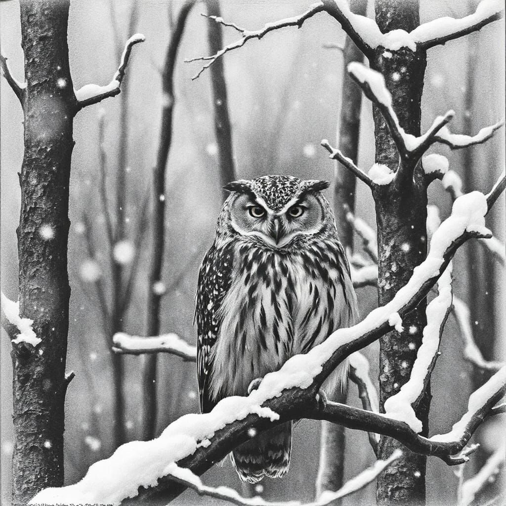 Hyperdetailed Charcoal Drawing of Owl in Winter Forest
