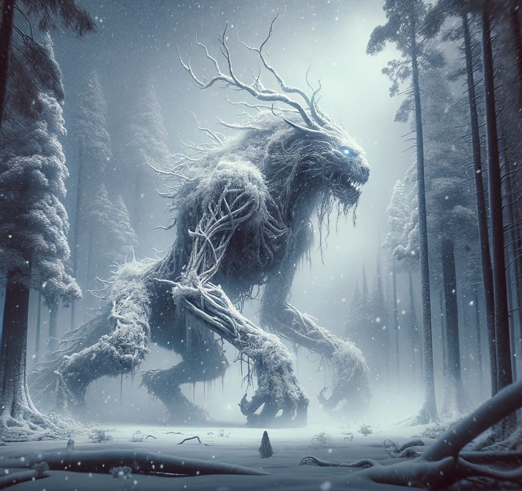 Snow Beast Stomps Through Winter Forest as Digital Matte Pai...