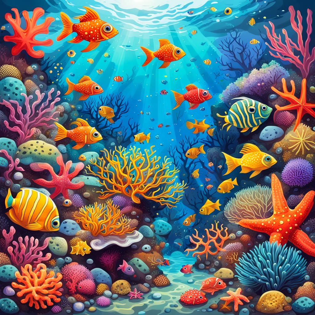 Cartoon Coral Reef with Googly-Eyed Sea Creatures