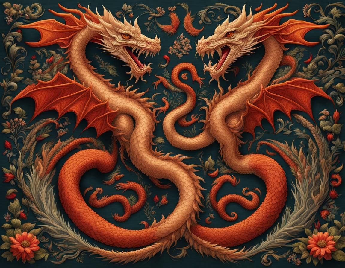 Heraldic Amphisbaena: Delicate Digital Art in Floral Colors