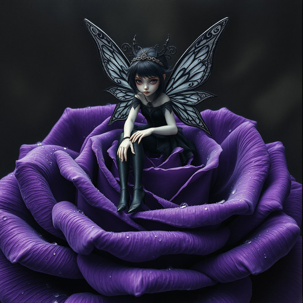 Goth Fairy on Rose, in Mystical Realism Style
