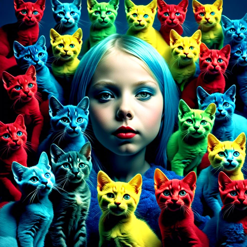 Hyperrealistic Primary Color Cats and Girl Portrait