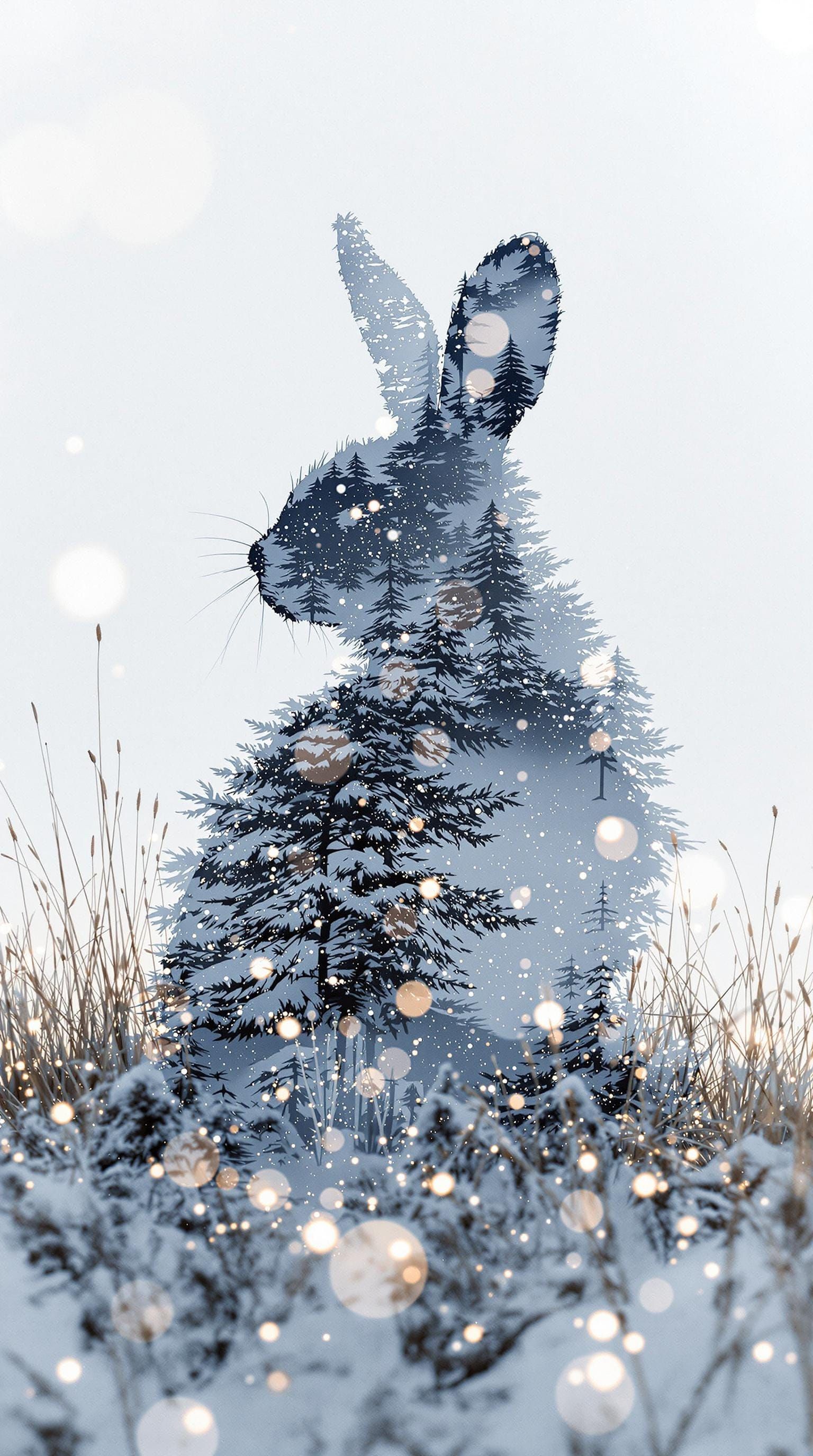 Romantic Double Exposure Photography of Snowy Rabbit Silhoue...