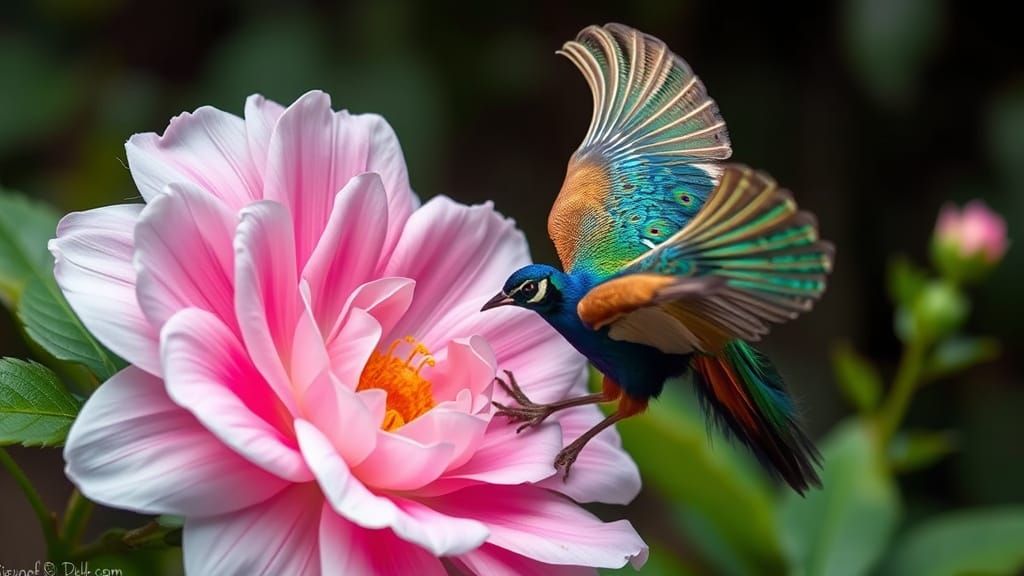 Peacock Lands on Flower in Bizarre Art Style