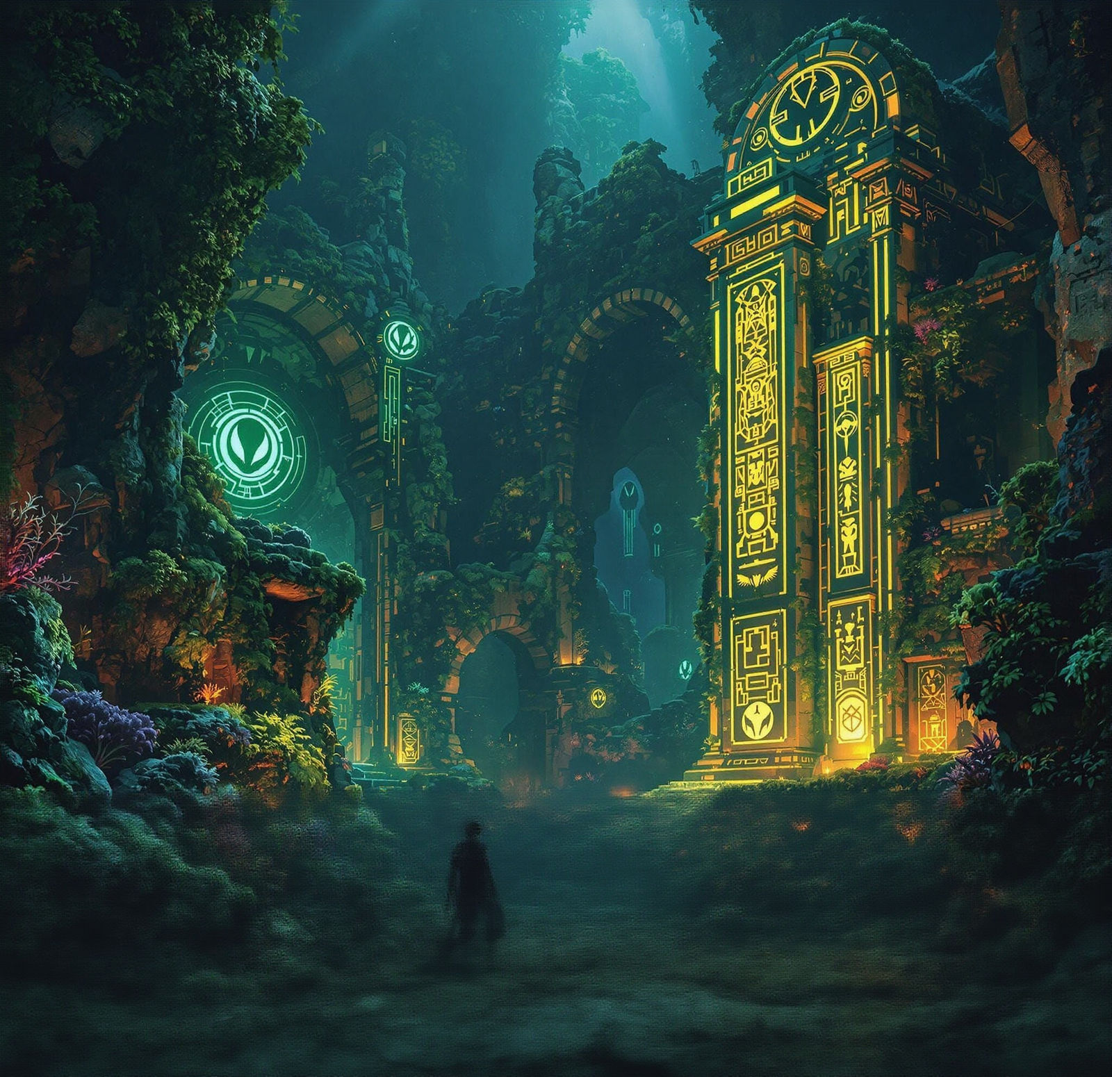Submerged Atlantis Ruins with Glowing Alien Monoliths