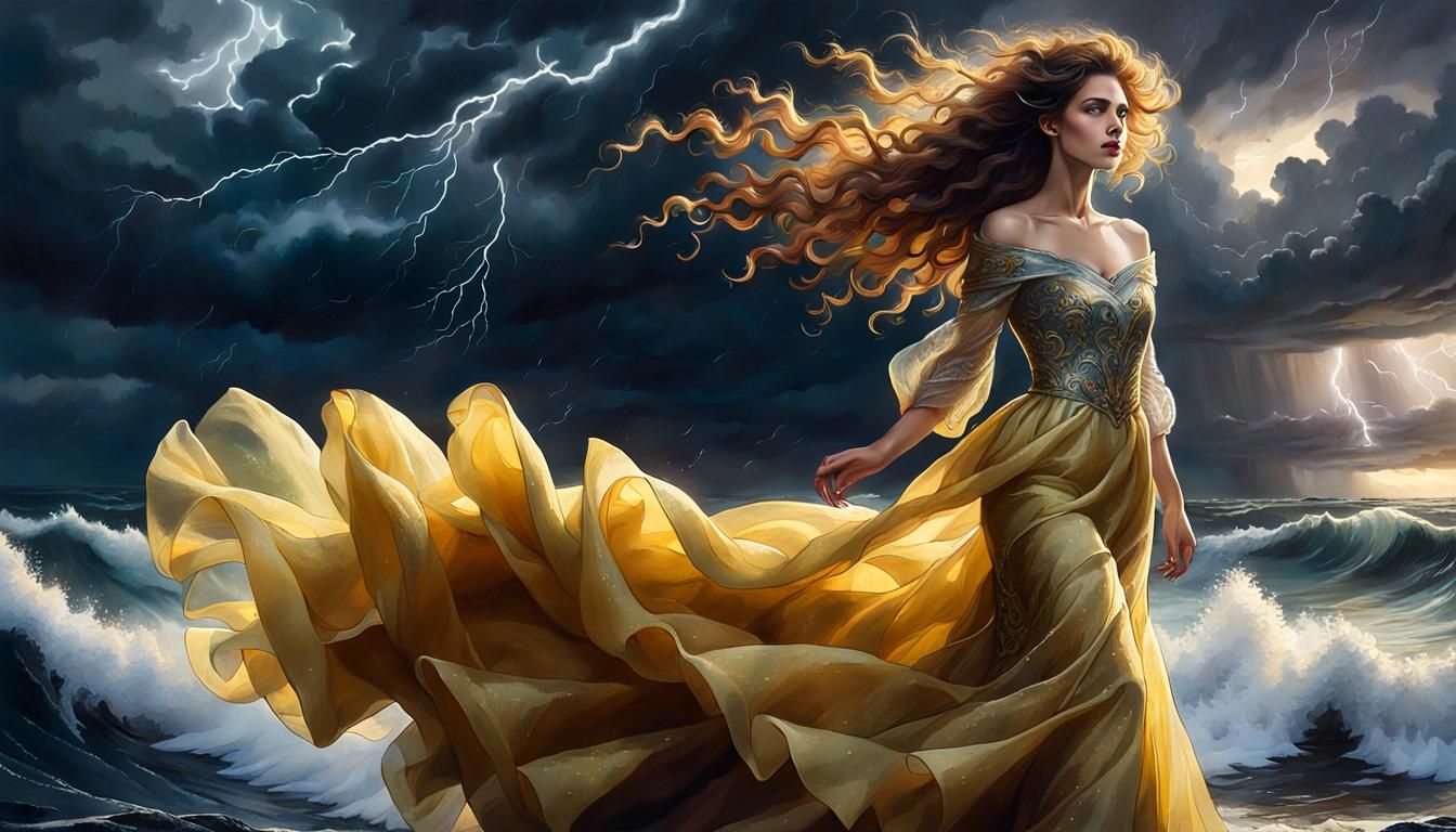 Woman in Yellow Dress at Stormy Sea, Digital Painting