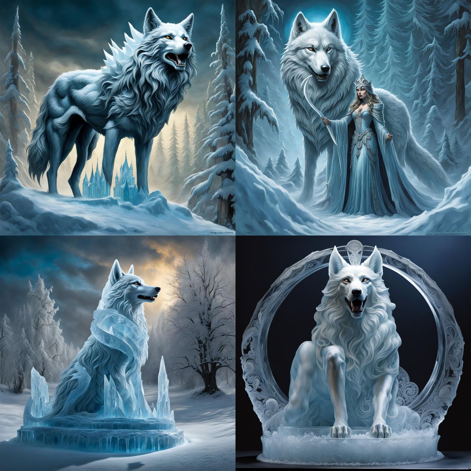Mystical Wolf Princess Ice Sculpture in Dark Gothic Style