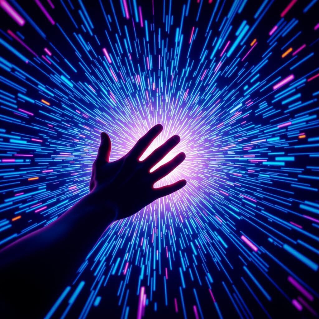 Hand Reaching From Digital Data Streams