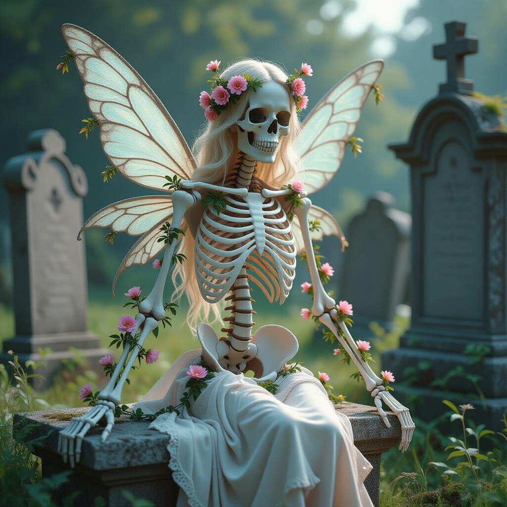 Floral Skeleton Fairy Among Gravestones