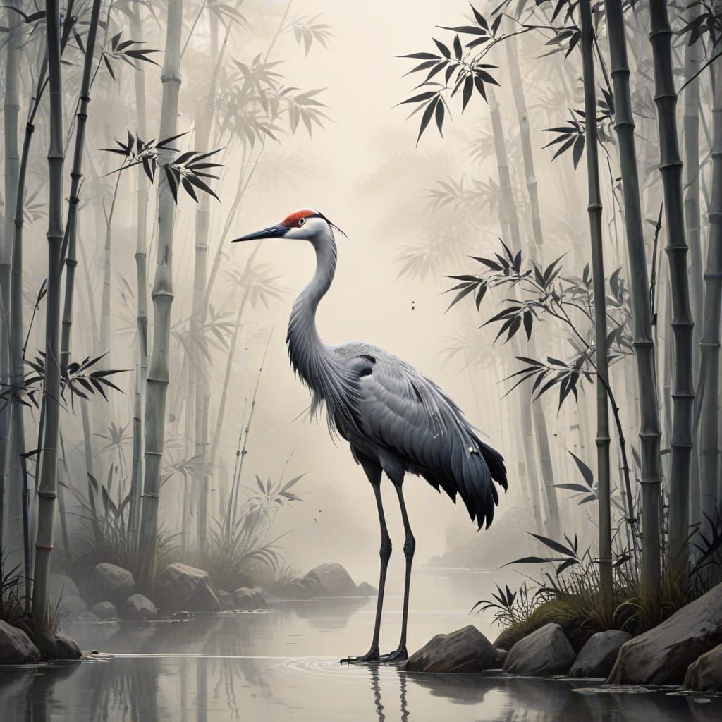 Misty Bamboo Grove in Traditional Sumi-e Style