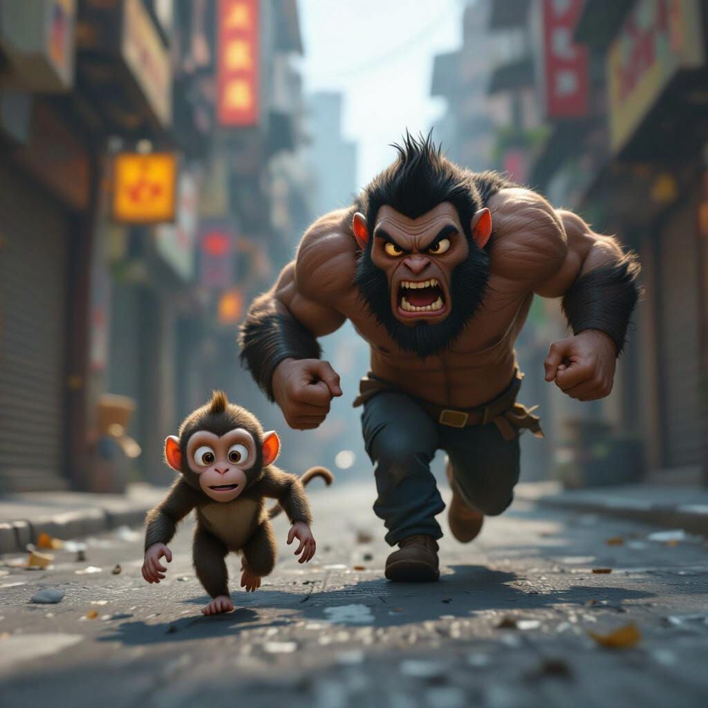 Furious Man Chases Scared Monkey in Gritty Urban Scene