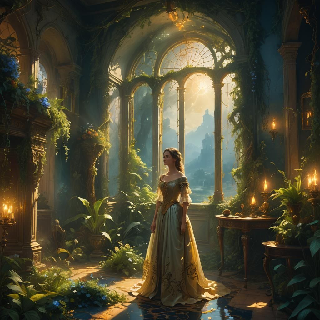 Heavenly Woman in Overgrown Room, Oil Painting Style
