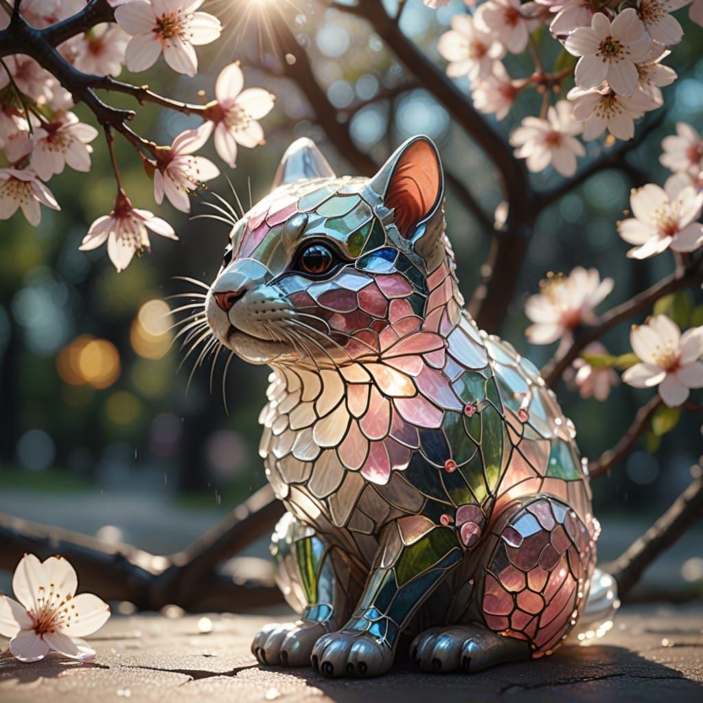 Stained Glass Cat in Cherry Blossoms