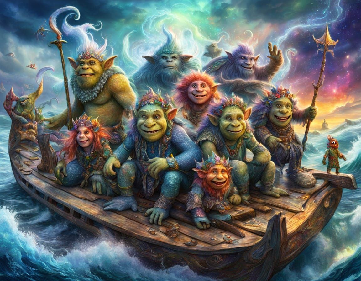 Mythical Creatures on Raft in Enchanted Ocean