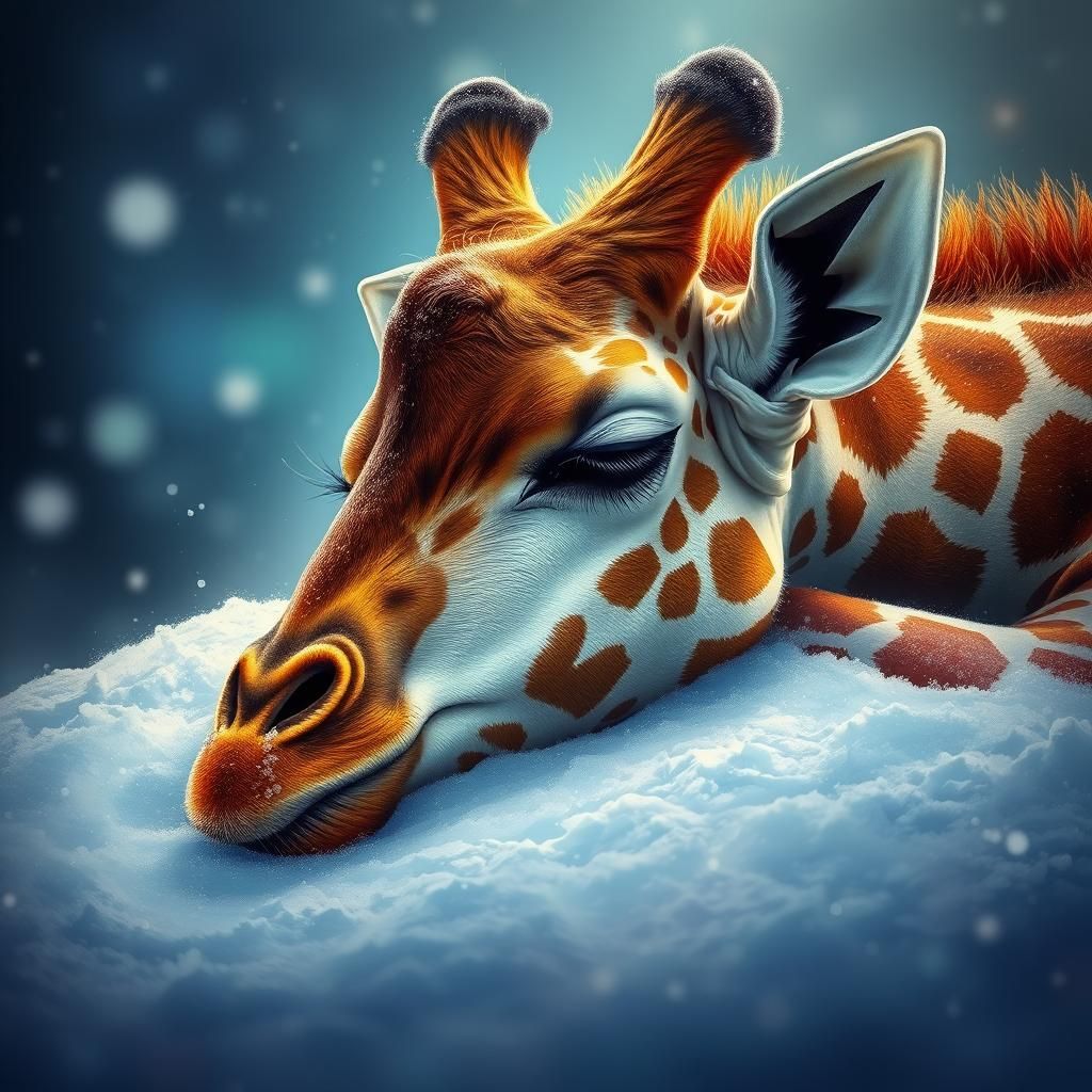 Baby Giraffe Sleeping in Snow: Hyperrealistic Splash Art