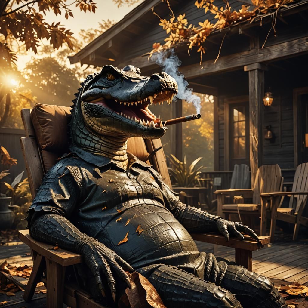 Anthropomorphic Crocodile Smokes Cigar in Dark Fantasy 3D Re...