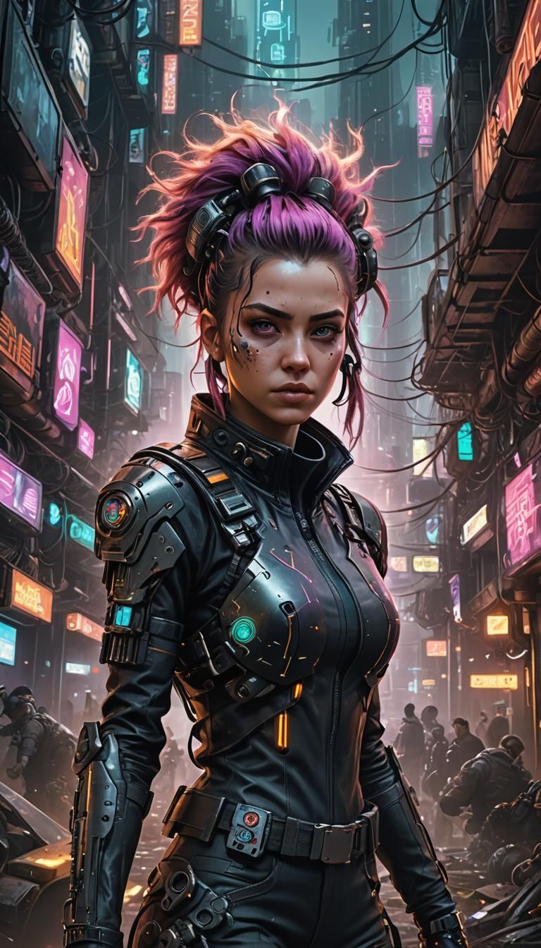 Girl in Ultrapunk Setting: Detailed Cyberpunk Illustration