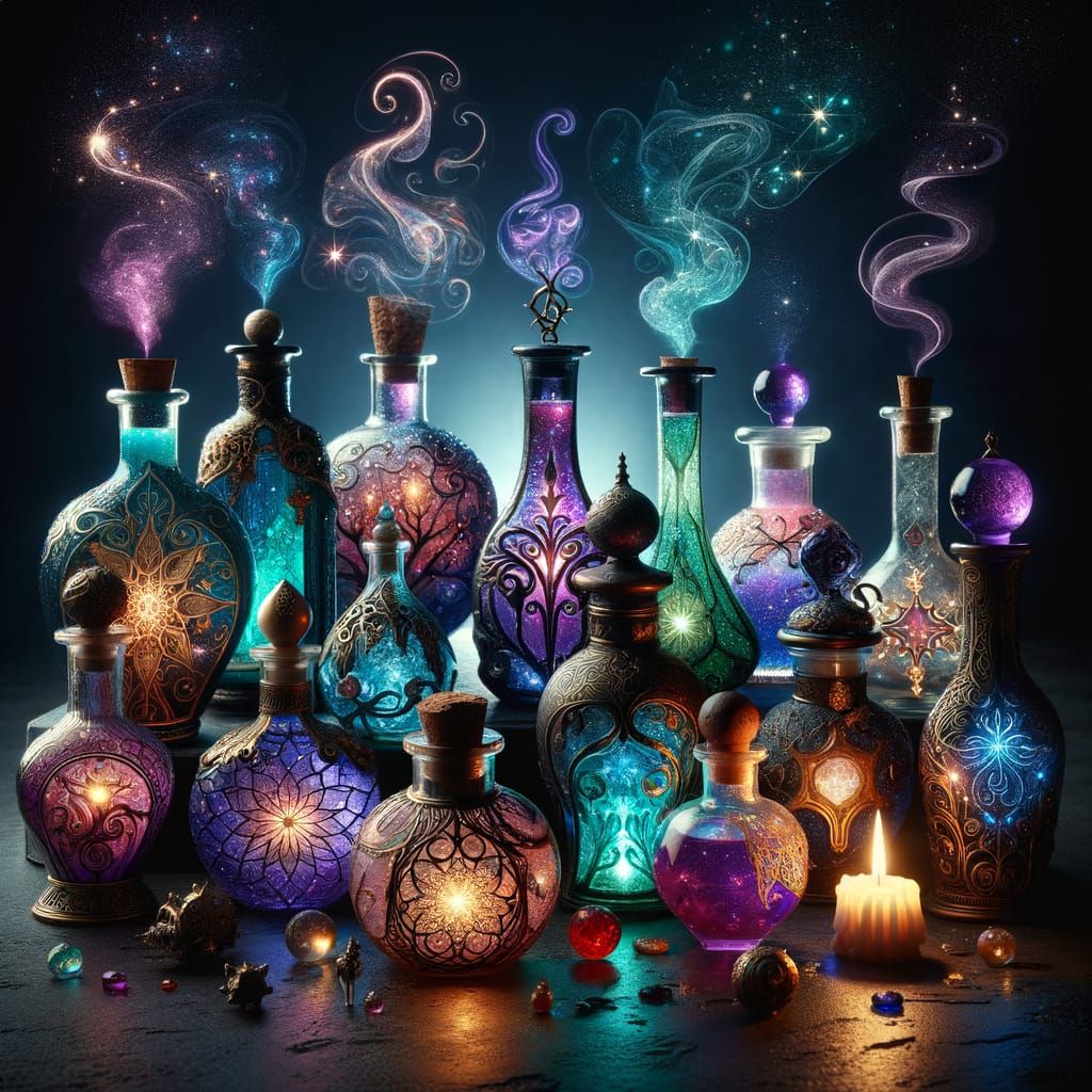 Mystical Glowing Potion Bottles in Fantasy Illustration Styl...