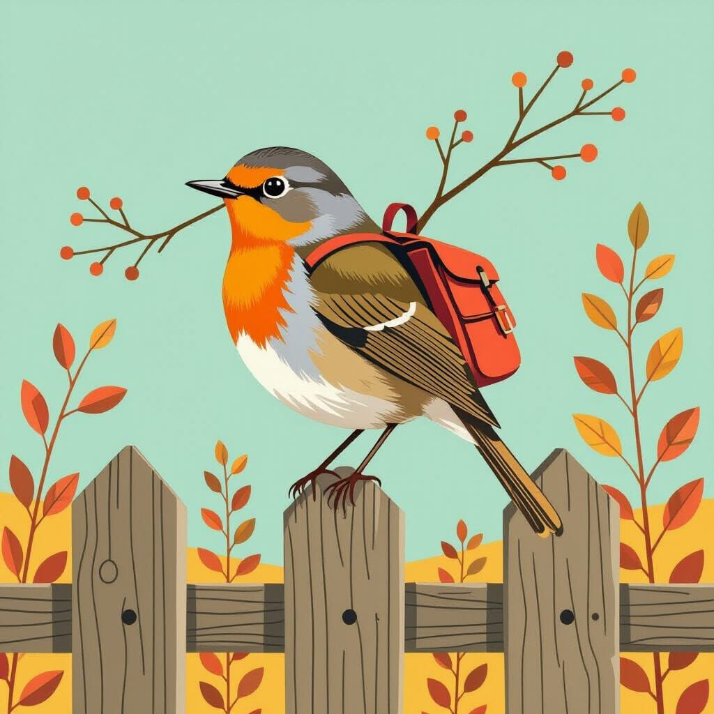 Robin with Backpack in Charley Harper Style
