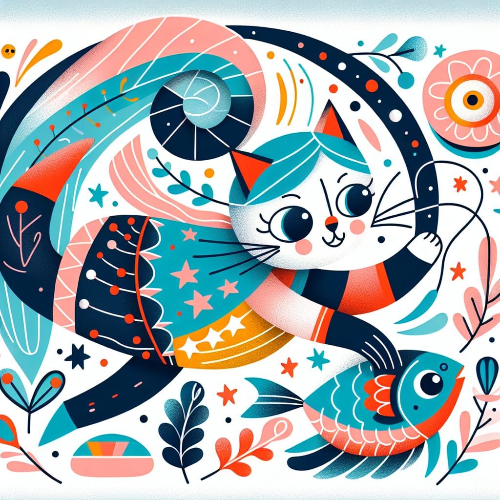 Whimsical Cartoon of Cat Woman Chasing Fish