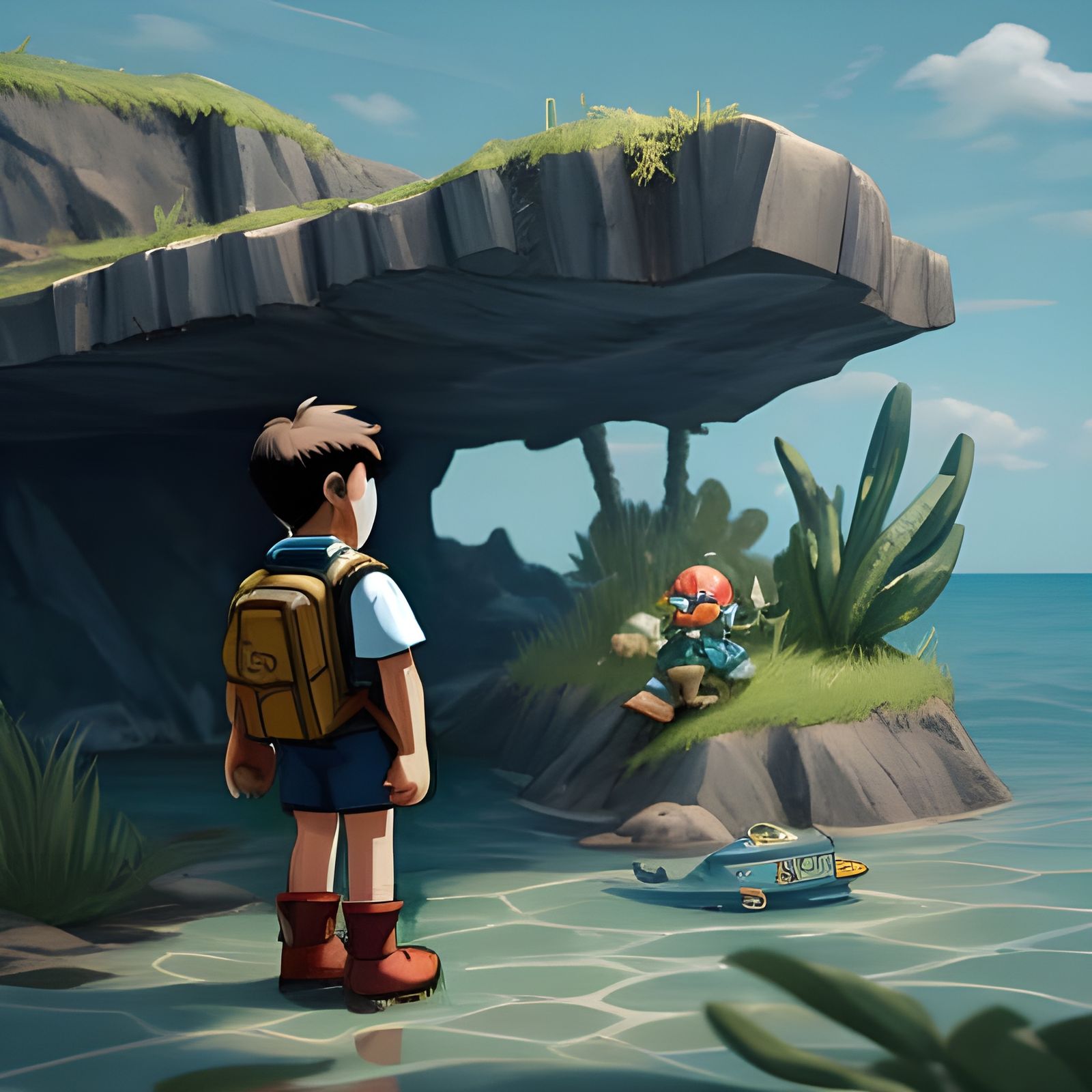 Child Hero Discovers Treasure with Submarine at Ocean's Edge