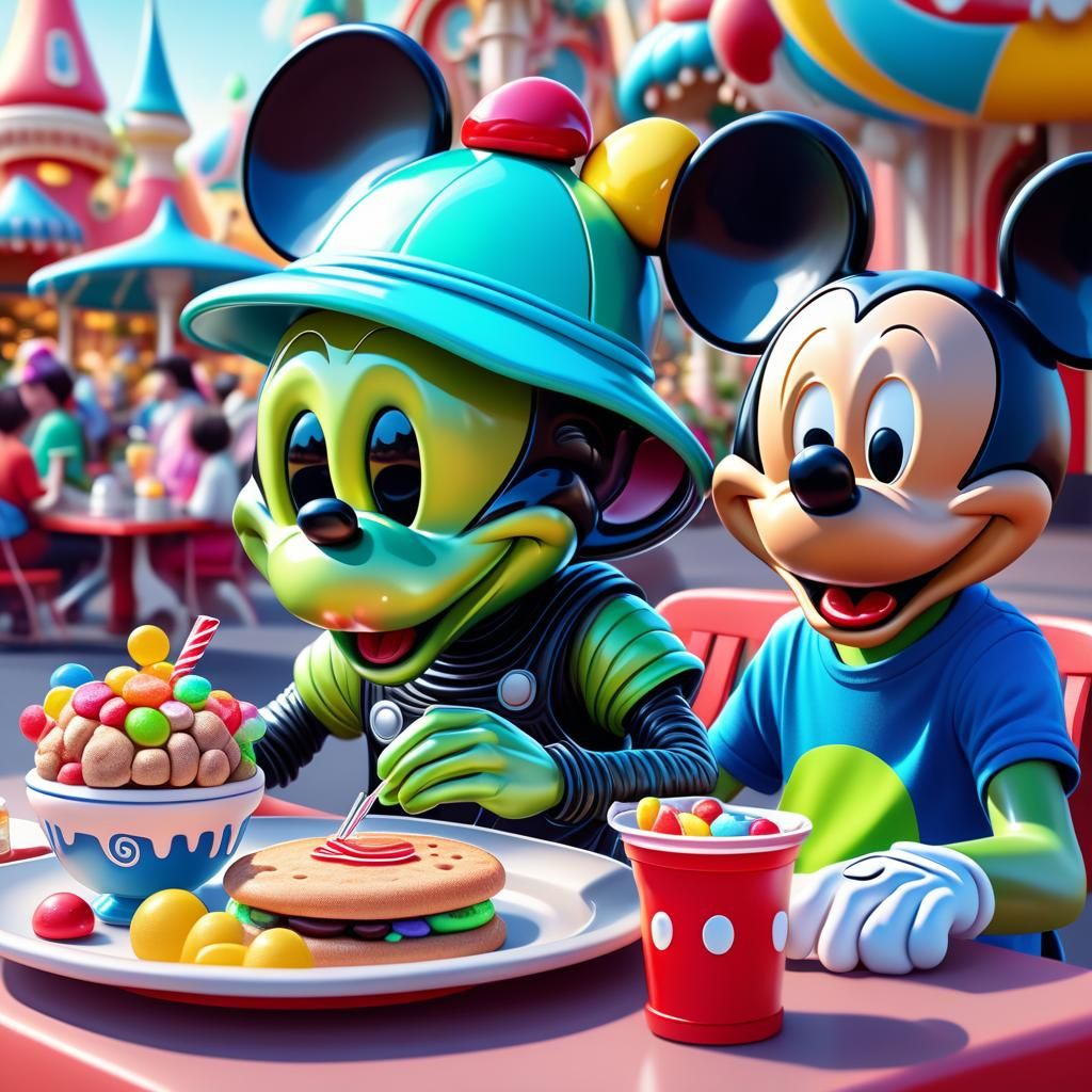 weird but cute alien wearing disney hat with mickey mouse ea...